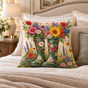 Garden Boots quilted throw pillow, AI-generated bedroom mockup