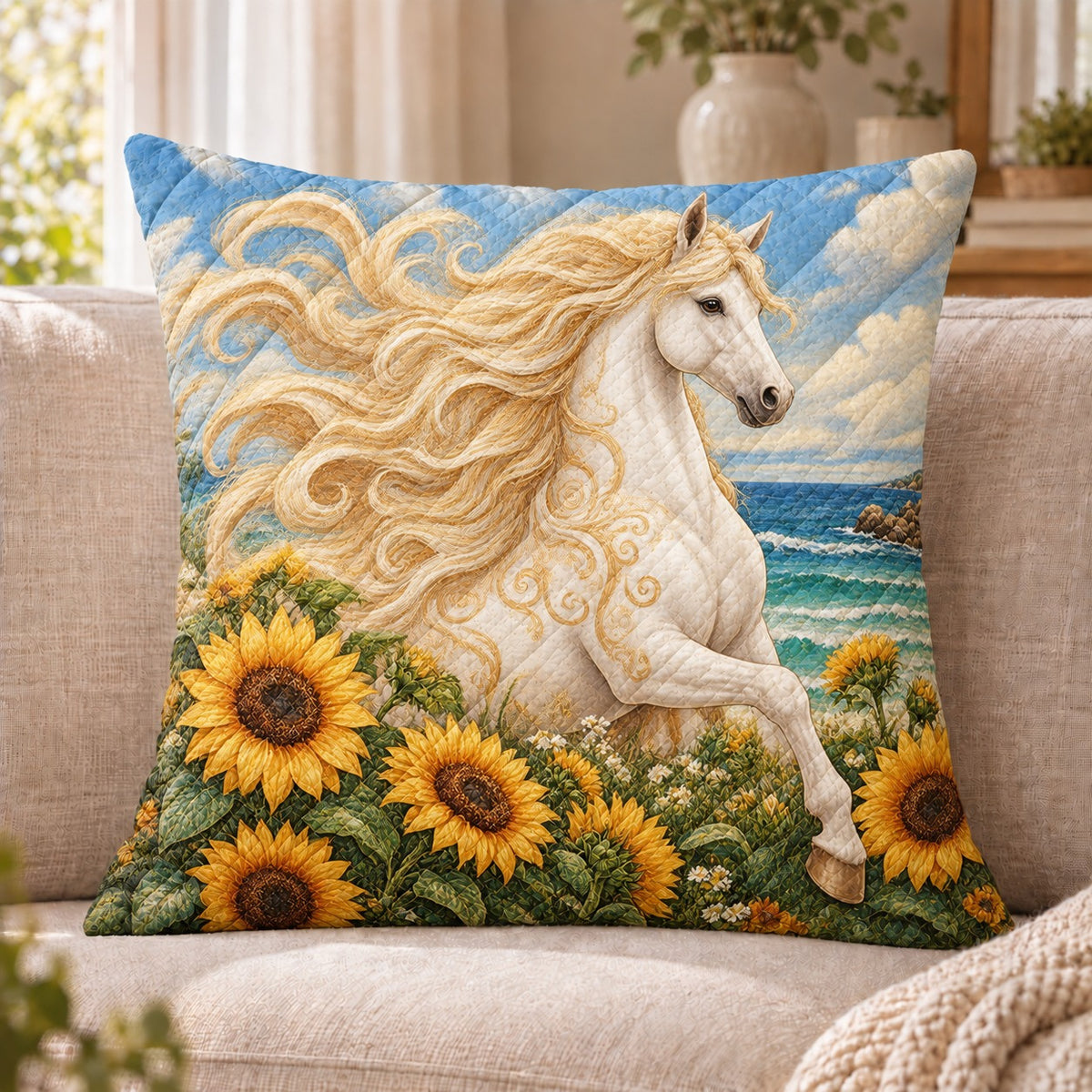White Horse Sunflower Quilted Throw Pillow, Coastal Home Decor, Gift for Horse Lovers