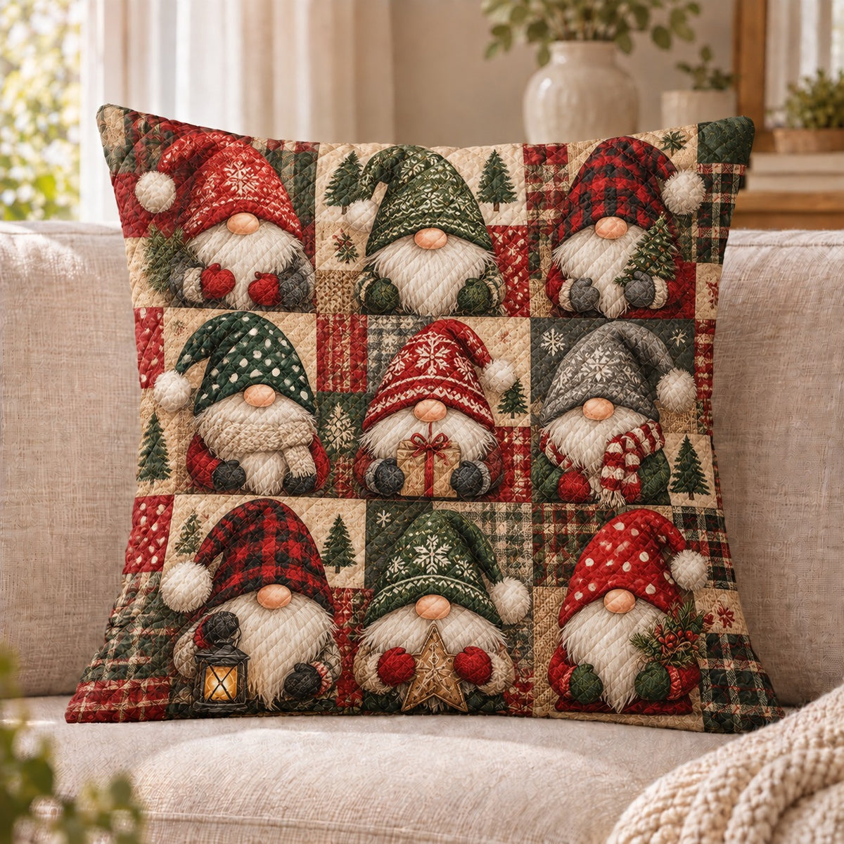 Christmas Gnome Patchwork Quilted Throw Pillow, Festive Home Decor, Gift for Gnome Lovers