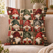 Christmas Gnome Patchwork quilted throw pillow, AI-generated sofa mockup