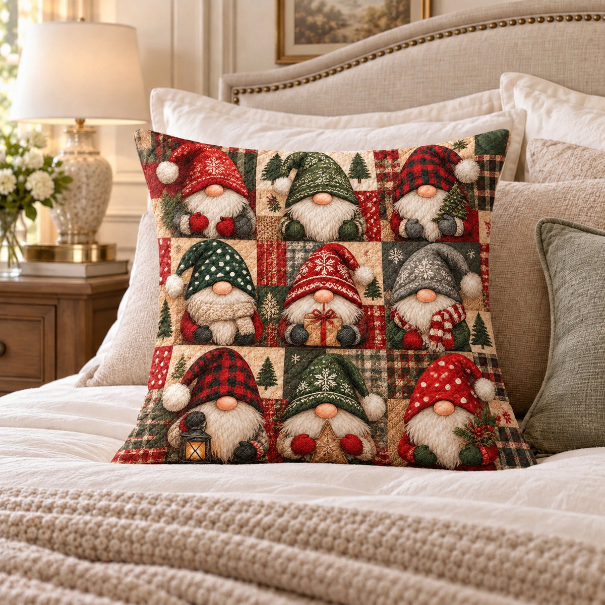 Christmas Gnome Patchwork quilted throw pillow, AI-generated bedroom mockup