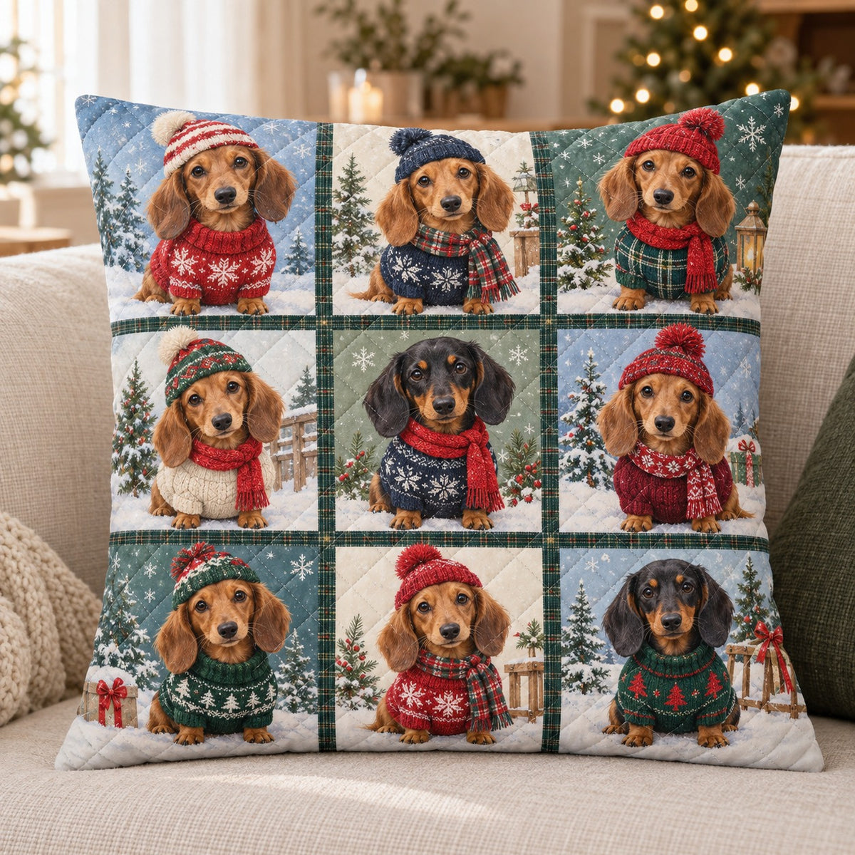 Christmas Dachshund Quilted Throw Pillow, Festive Dog Home Decor, Gift for Dachshund Lovers