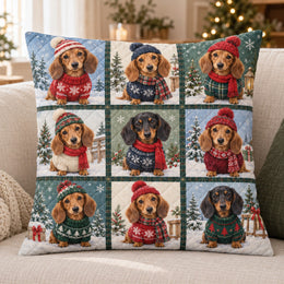 Christmas Dachshund Quilted Throw Pillow, Festive Dog Home Decor, Gift for Dachshund Lovers