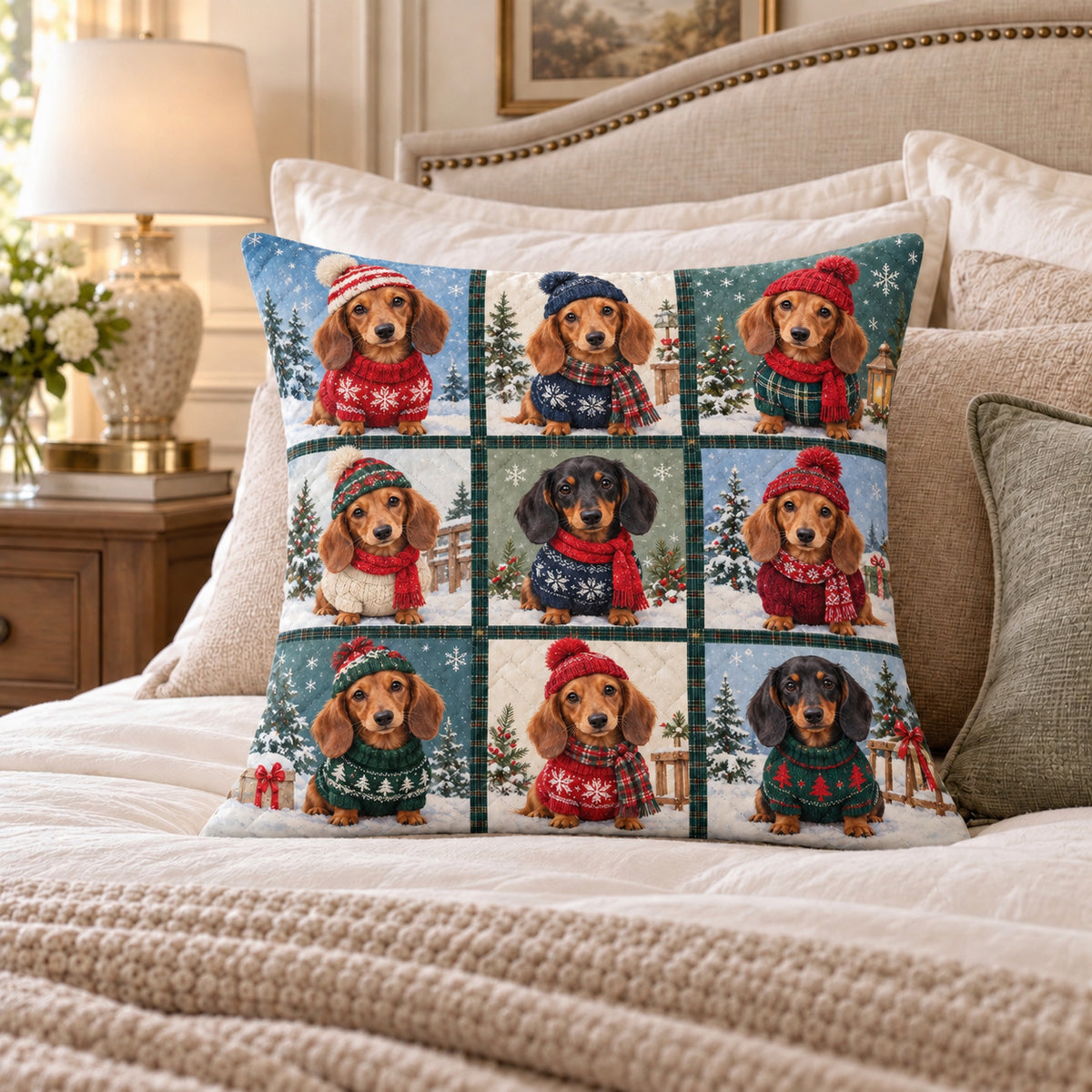 Christmas Dachshund quilted throw pillow, AI-generated bedroom mockup