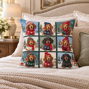 Christmas Dachshund quilted throw pillow, AI-generated bedroom mockup