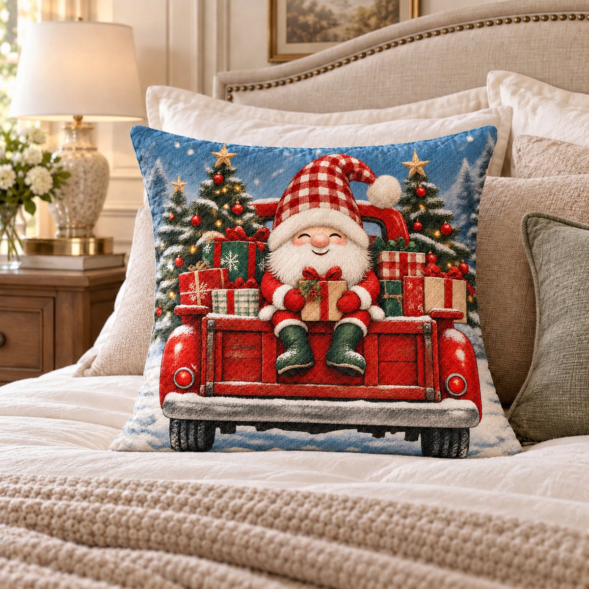 Christmas Gnome Truck quilted throw pillow, AI-generated bedroom mockup