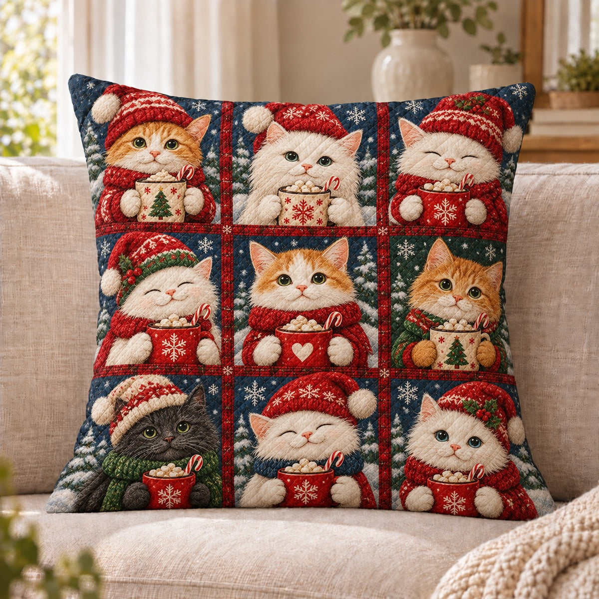 Christmas Cat Patchwork Quilted Throw Pillow, Festive Home Decor, Gift for Cat Lovers