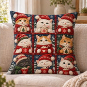 Christmas Cat Patchwork quilted throw pillow, AI-generated sofa mockup