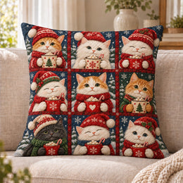 Christmas Cat Patchwork Quilted Throw Pillow, Festive Home Decor, Gift for Cat Lovers