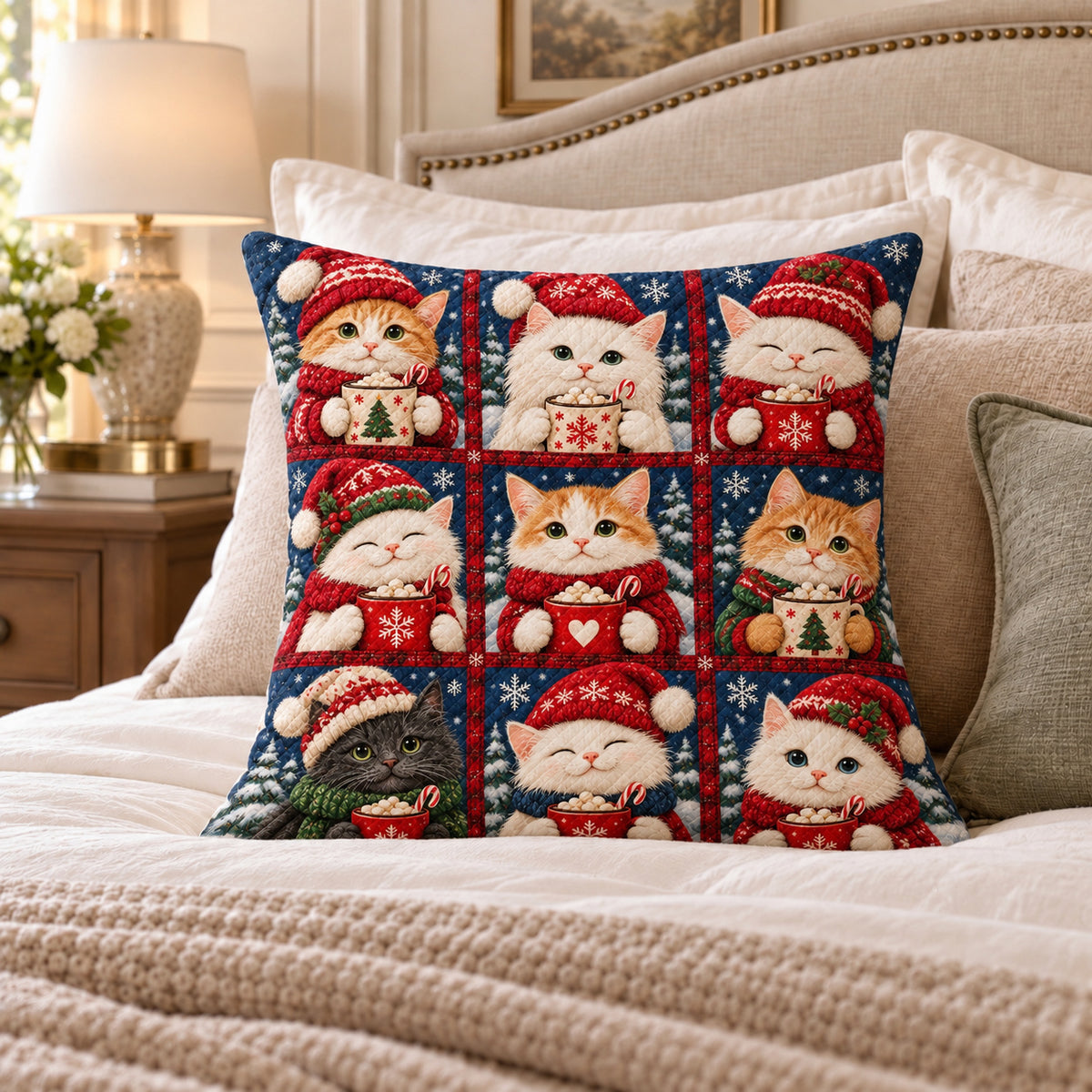 Christmas Cat Patchwork quilted throw pillow, AI-generated bedroom mockup