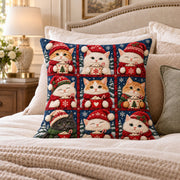 Christmas Cat Patchwork quilted throw pillow, AI-generated bedroom mockup