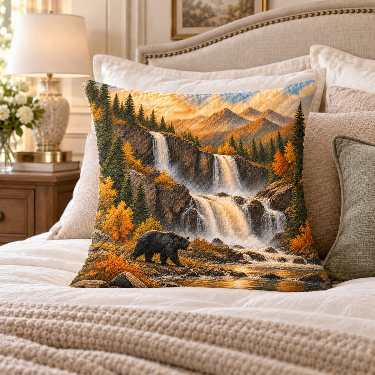 Black Bear Waterfall quilted throw pillow, AI-generated bedroom mockup
