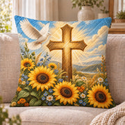 Cross Dove Sunflower quilted throw pillow, AI-generated sofa mockup