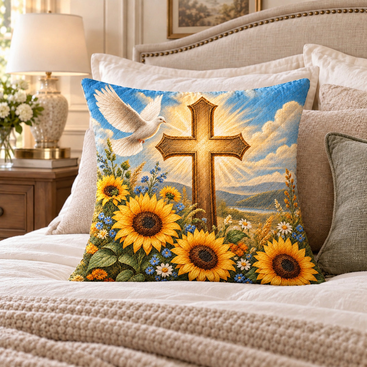 Cross Dove Sunflower quilted throw pillow, AI-generated bedroom mockup