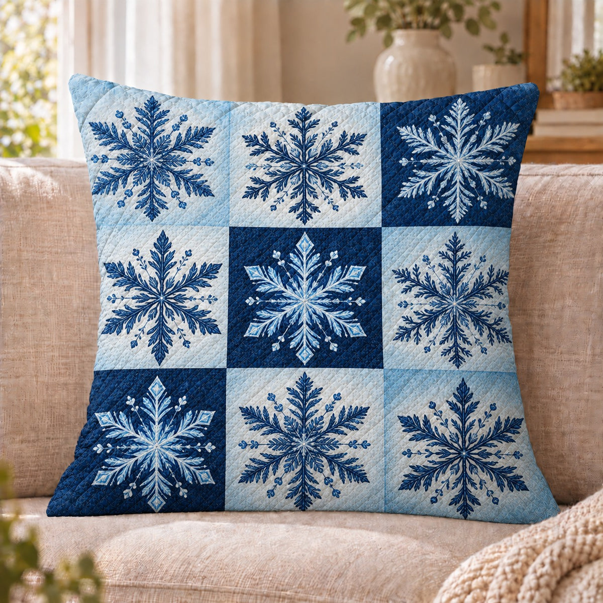 Blue Snowflake Patchwork Quilted Throw Pillow, Cozy Winter Decor, Gift for Snow Lovers
