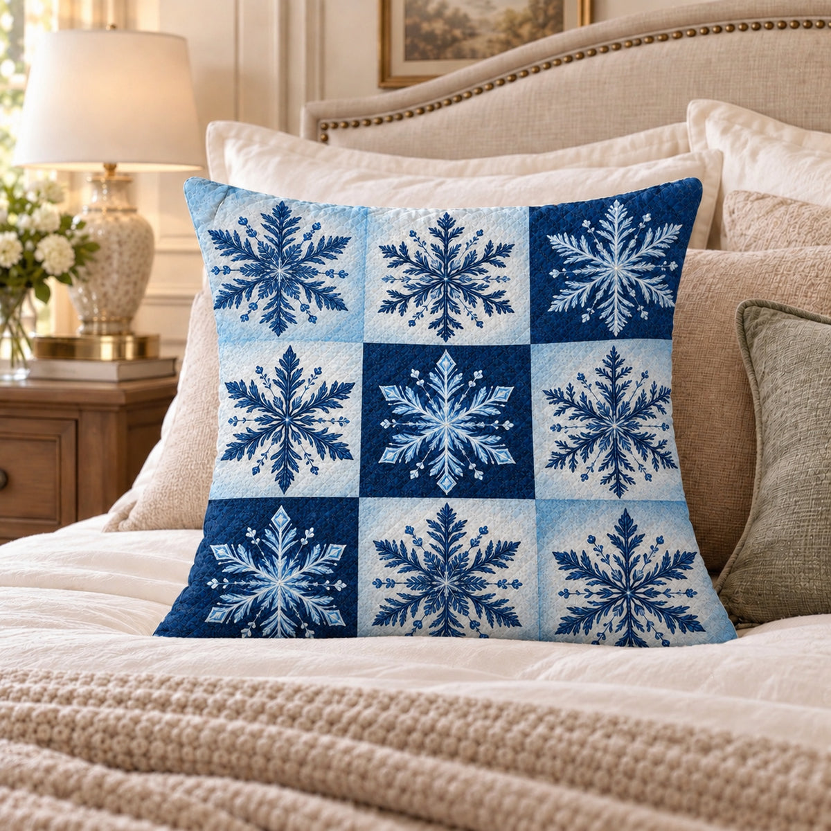 Blue Snowflake Patchwork quilted throw pillow, AI-generated bedroom mockup