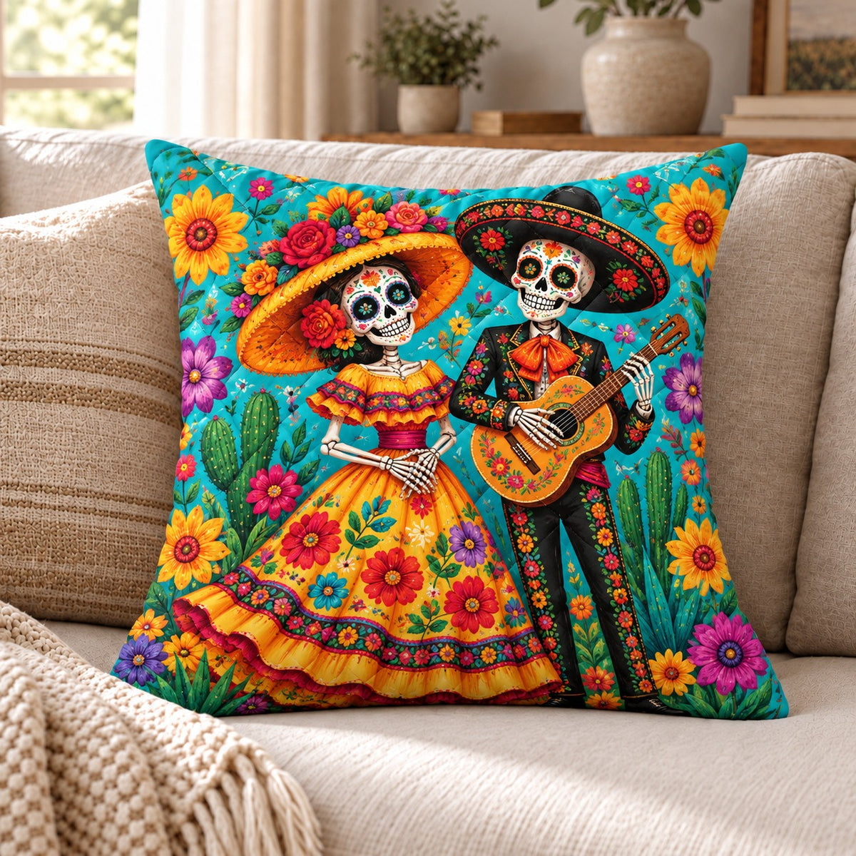 Day of the Dead Quilted Throw Pillow, Colorful Skeleton Home Decor, Gift for Art Lovers