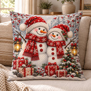 Snowman Couple quilted throw pillow, AI-generated sofa mockup