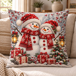 Snowman Couple Quilted Throw Pillow, Festive Winter Home Decor, Gift for Snowman Lovers