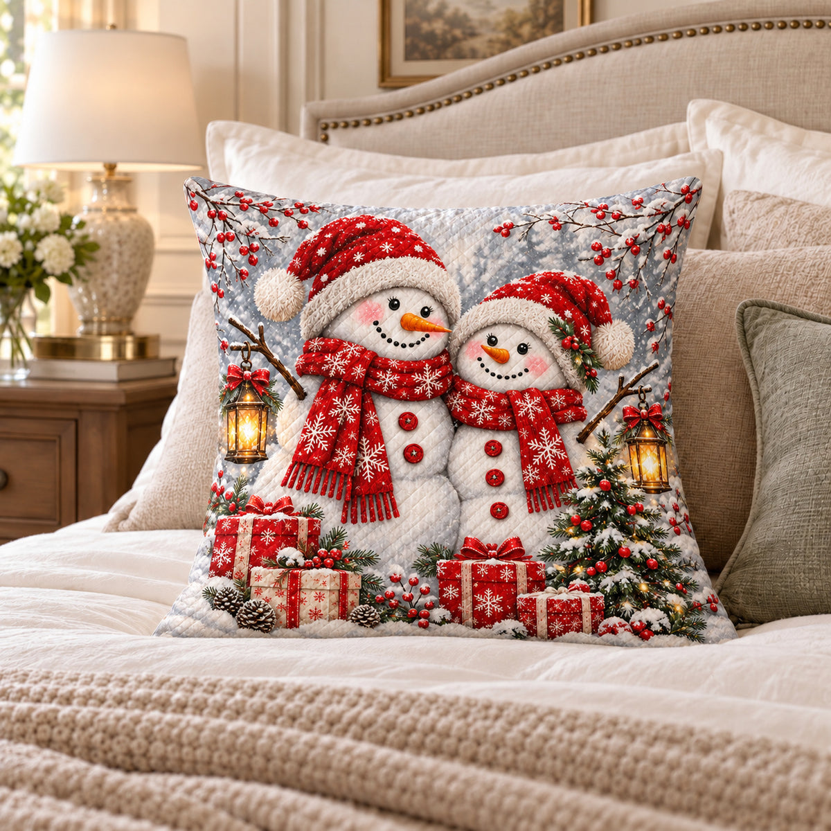 Snowman Couple quilted throw pillow, AI-generated bedroom mockup