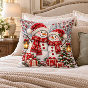 Snowman Couple quilted throw pillow, AI-generated bedroom mockup