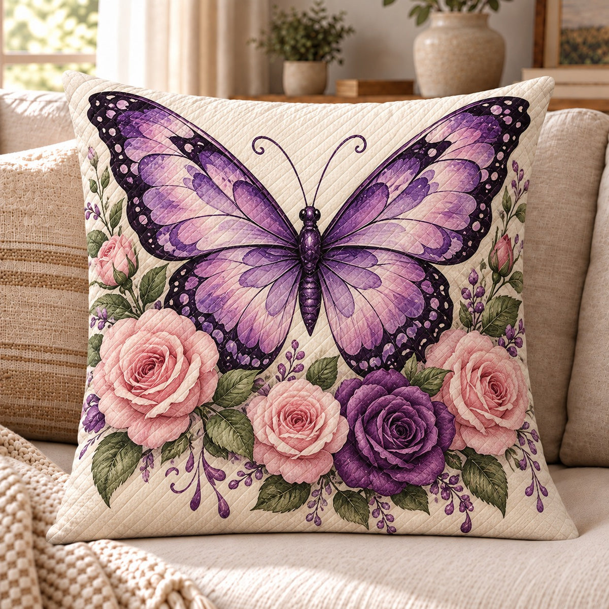 Purple Butterfly Rose Quilted Throw Pillow, Floral Home Decor, Gift for Butterfly Lovers