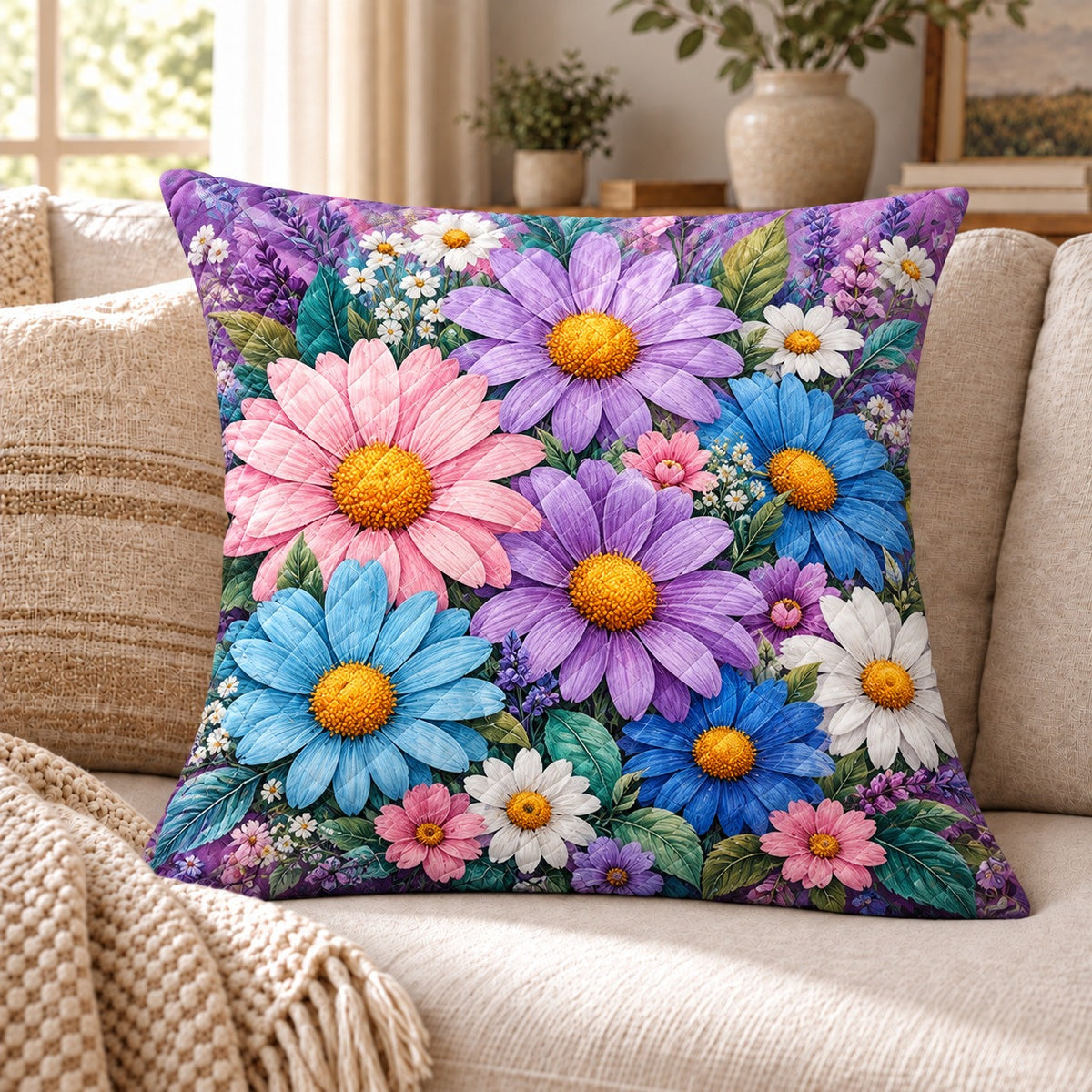 Colorful Daisy Quilted Throw Pillow, Floral Garden Home Decor, Gift for Flower Lovers