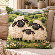 Sheep Family quilted throw pillow, AI-generated sofa mockup