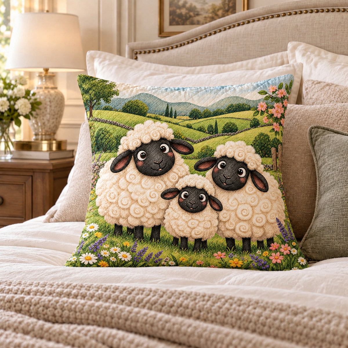 Sheep Family quilted throw pillow, AI-generated bedroom mockup