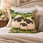 Sheep Family quilted throw pillow, AI-generated bedroom mockup
