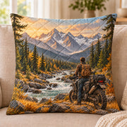 Mountain Motorcycle quilted throw pillow, AI-generated sofa mockup