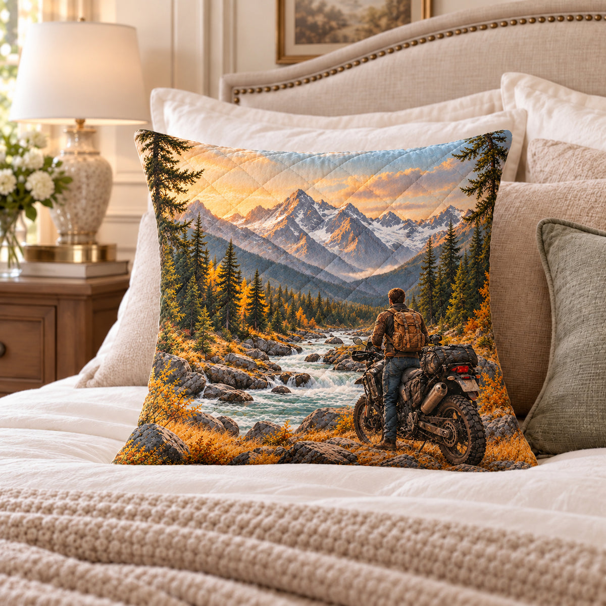Mountain Motorcycle quilted throw pillow, AI-generated bedroom mockup