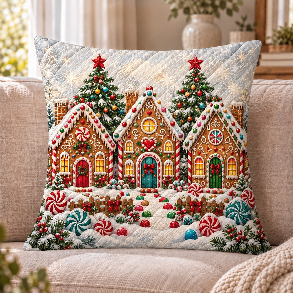 Gingerbread Village Quilted Throw Pillow, Sweet Christmas Decor, Gift for Holiday Lovers