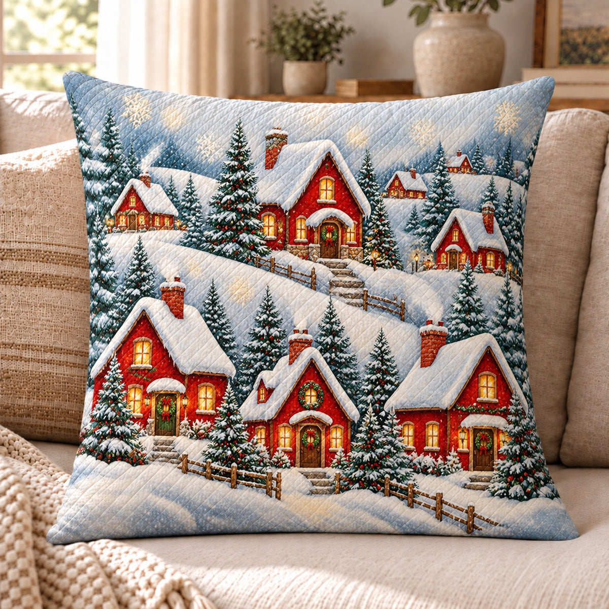 Snowy Christmas Cottage Quilted Throw Pillow, Cozy Winter Decor, Gift for Holiday Lovers