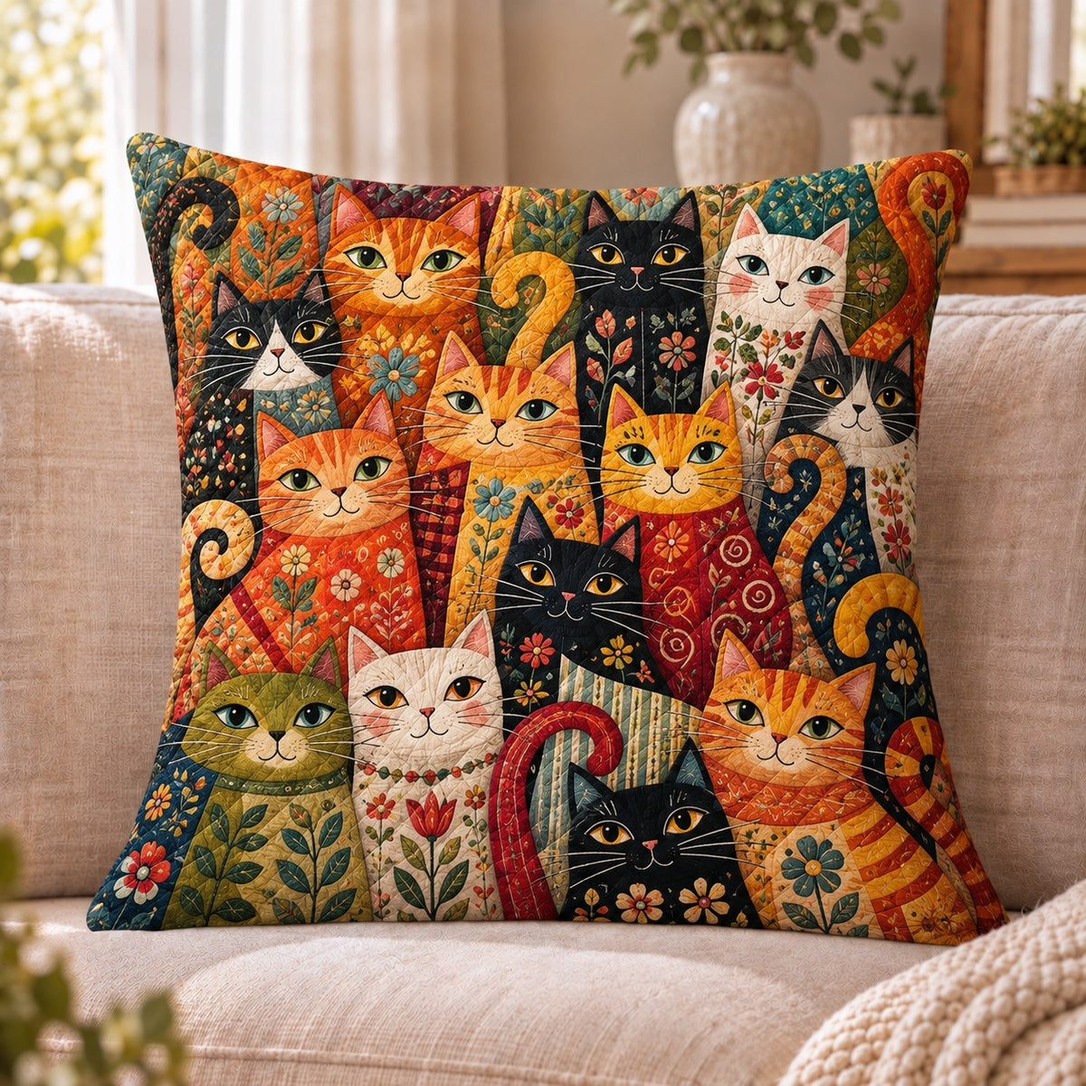 Colorful Cat Collage Quilted Throw Pillow, Whimsical Home Decor, Gift for Cat Lovers