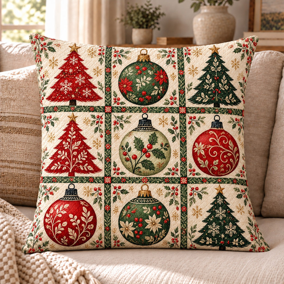 Christmas Ornament Patchwork quilted throw pillow, AI-generated sofa mockup