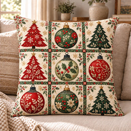 Christmas Ornament Patchwork Quilted Throw Pillow, Festive Decor, Gift for Holiday Lovers