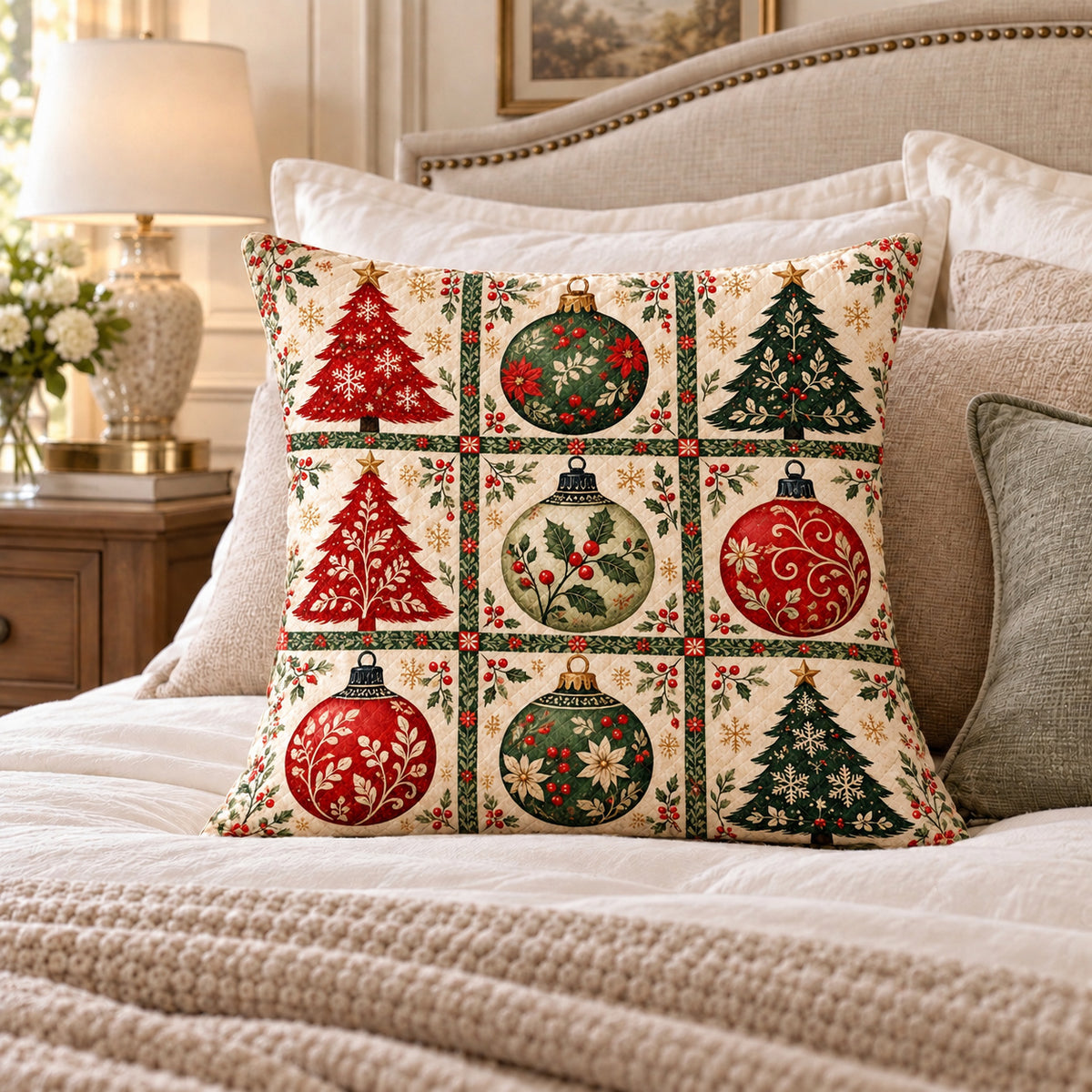 Christmas Ornament Patchwork quilted throw pillow, AI-generated bedroom mockup