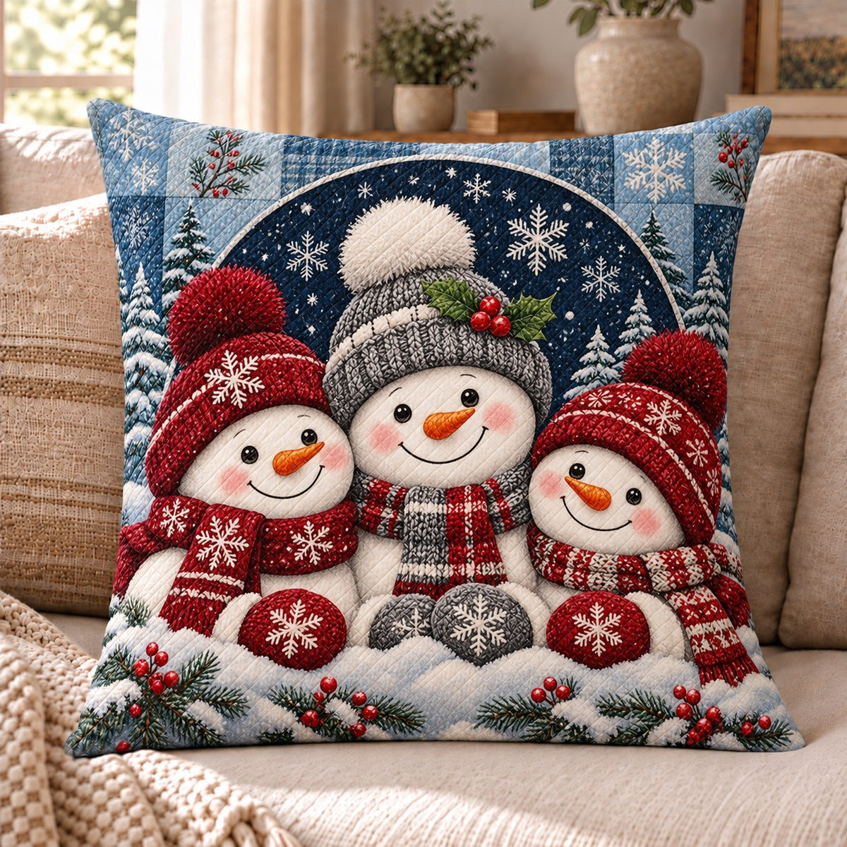 Snowman Family Quilted Throw Pillow, Cozy Winter Holiday Decor, Gift for Snowman Lovers