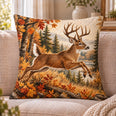 Leaping Deer Quilted Throw Pillow, Autumn Woodland Cabin Decor, Gift for Deer Lovers