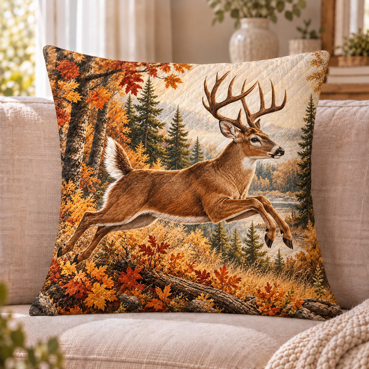 Leaping Deer Quilted Throw Pillow, Autumn Woodland Cabin Decor, Gift for Deer Lovers