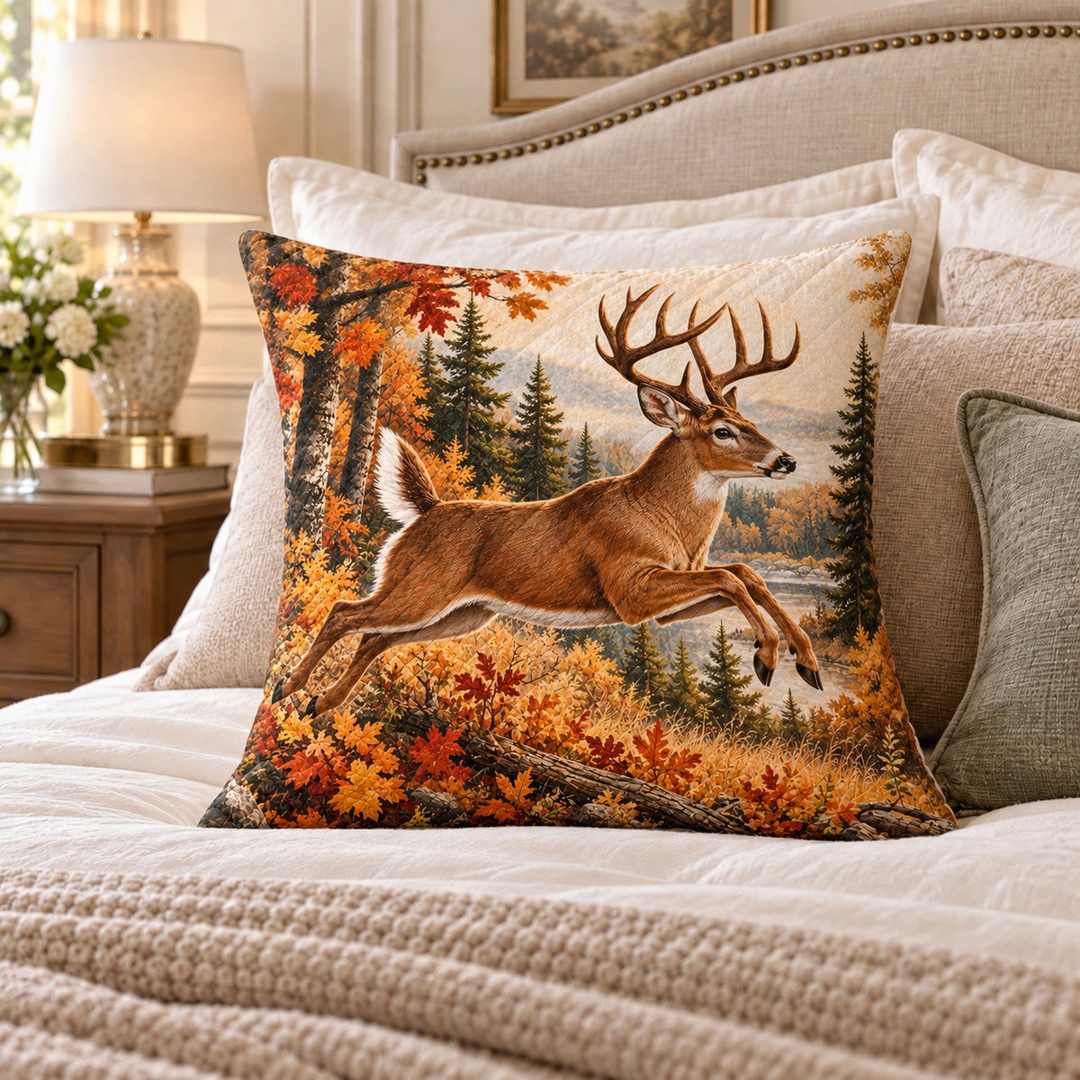 Leaping Deer quilted throw pillow, AI-generated bedroom mockup