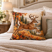 Leaping Deer quilted throw pillow, AI-generated bedroom mockup