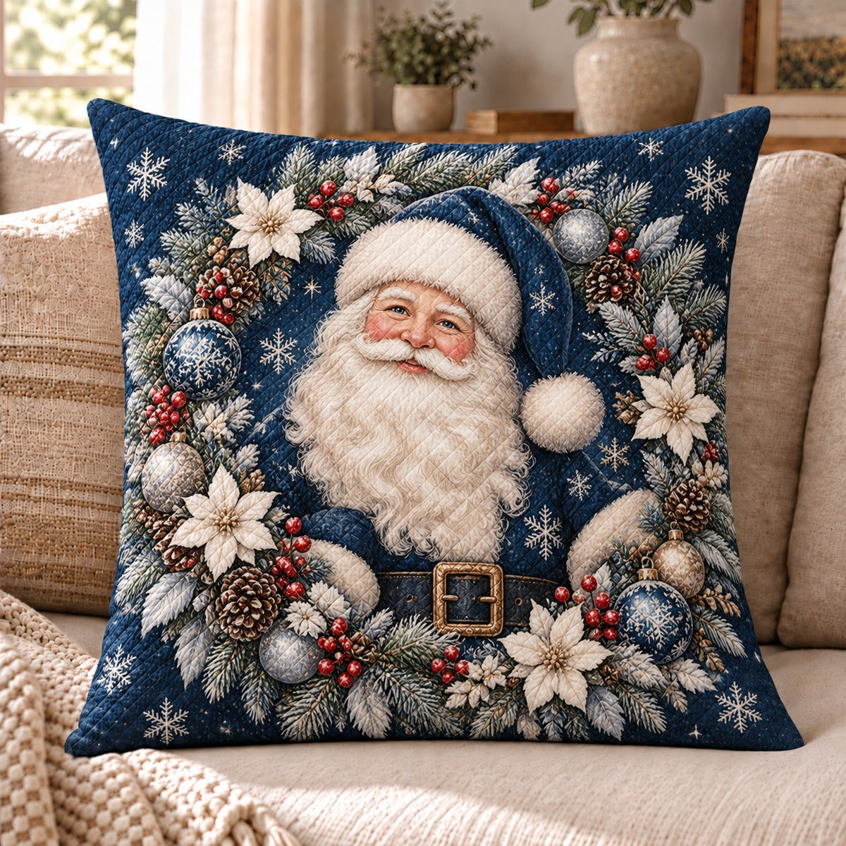 Blue Santa Claus Quilted Throw Pillow, Festive Christmas Home Decor, Gift for Santa Fans