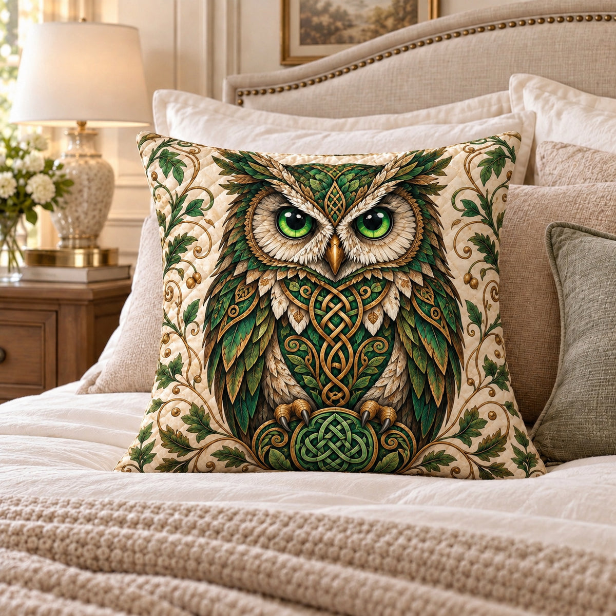 Celtic Owl quilted throw pillow, AI-generated bedroom mockup