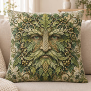 Green Man quilted throw pillow, AI-generated sofa mockup