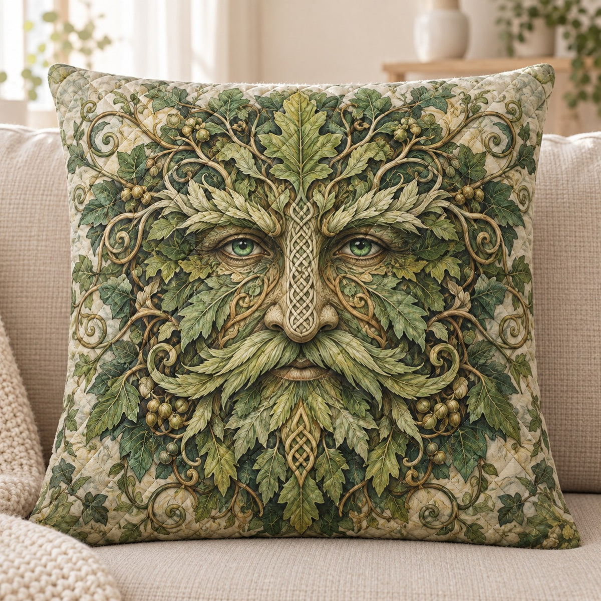 Green Man quilted throw pillow, AI-generated sofa mockup