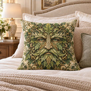 Green Man quilted throw pillow, AI-generated bedroom mockup