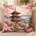 Japanese Pagoda Quilted Throw Pillow, Cherry Blossom Decor, Gift for Japan Lovers