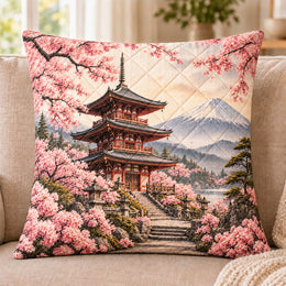Japanese Pagoda Quilted Throw Pillow, Cherry Blossom Decor, Gift for Japan Lovers
